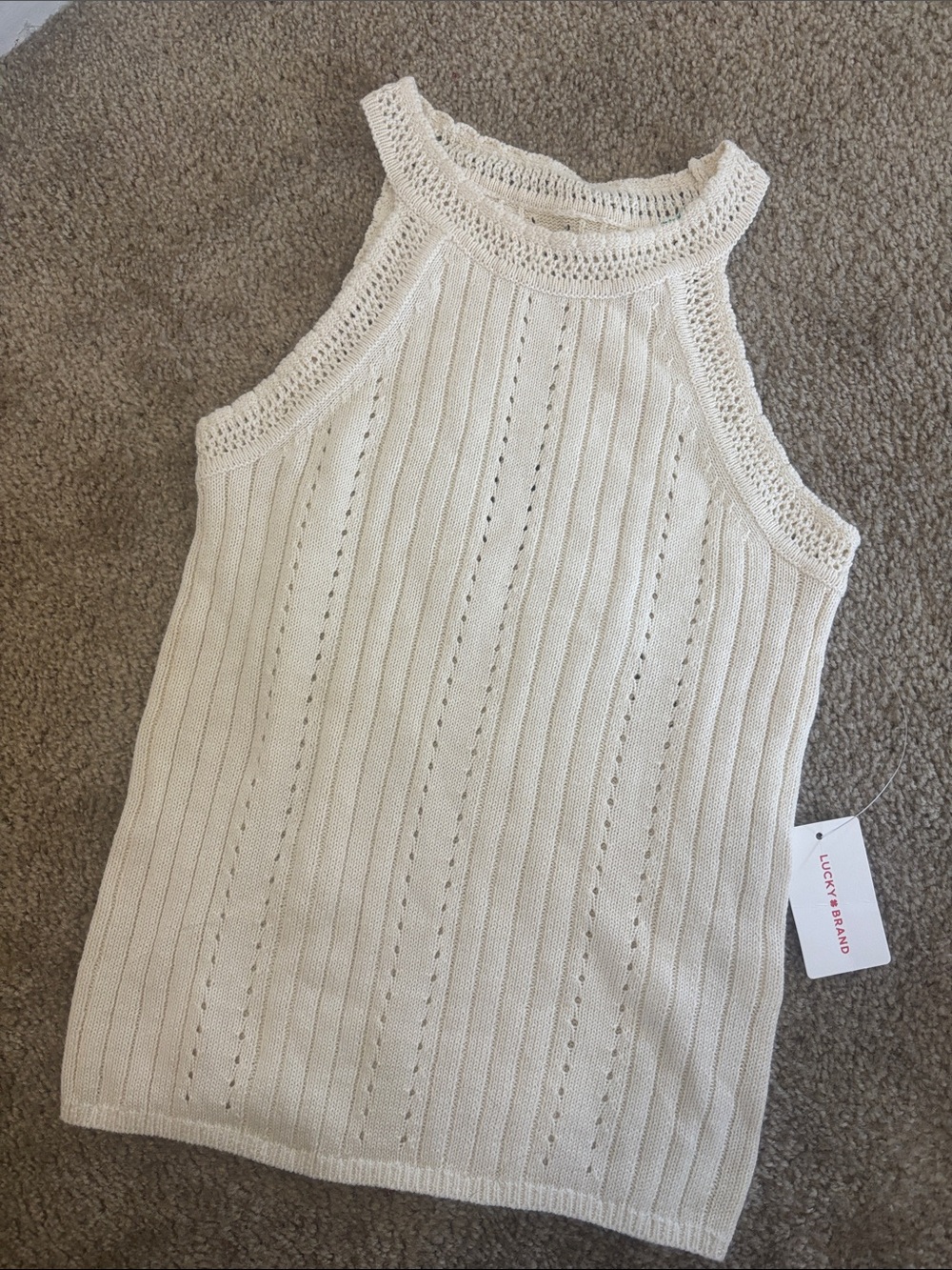 Lucky Brand Ivory Crochet-Trim Halter Knit Top
